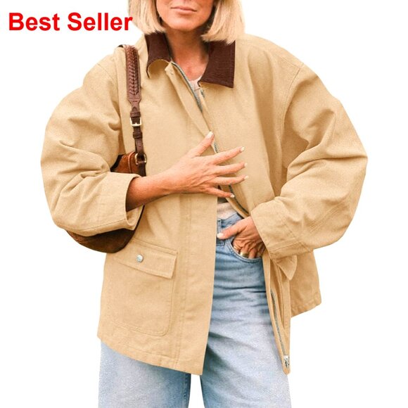 Oversized Barn Jacket Zip Up Military Safari Vintage Trench Coat with Pockets